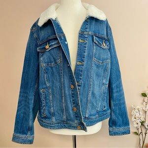 NWT Talbots Blue Denim Jacket with White Sherpa Collar